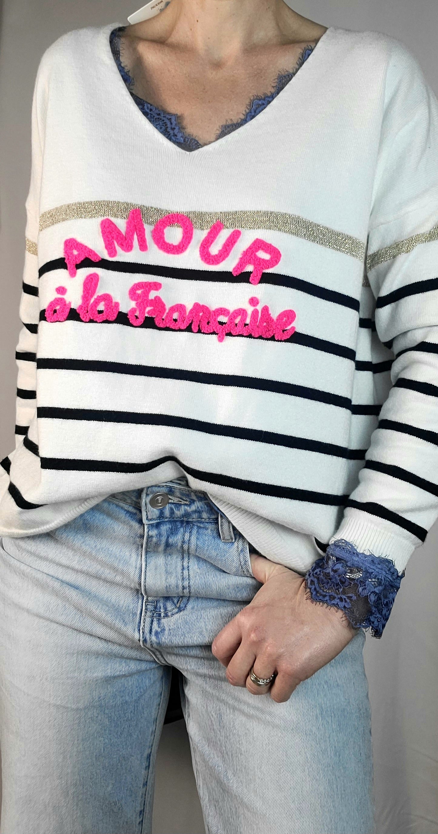 Pull ELISE rayé et brodé "Amour à la française"