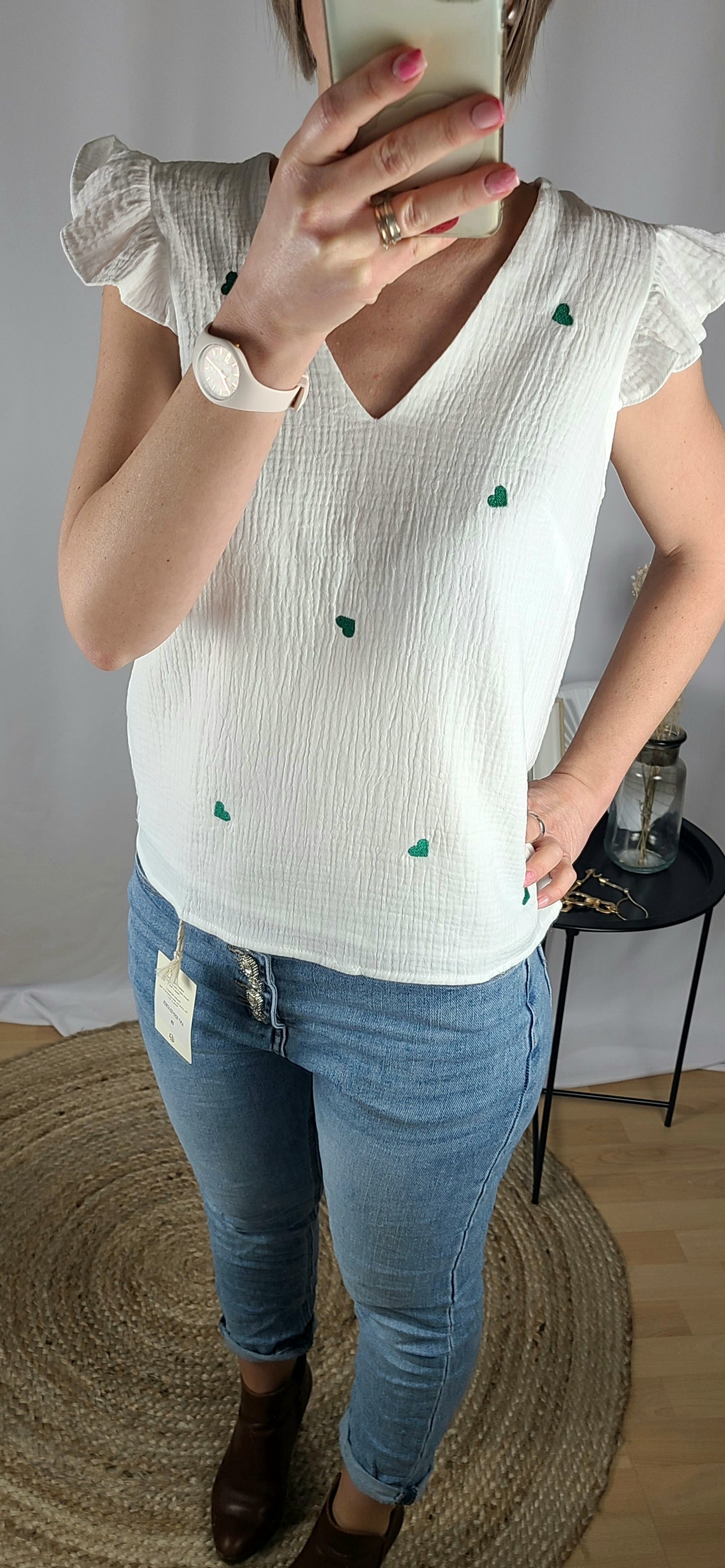 Top ALBANE en gaze de coton avec broderie cœurs