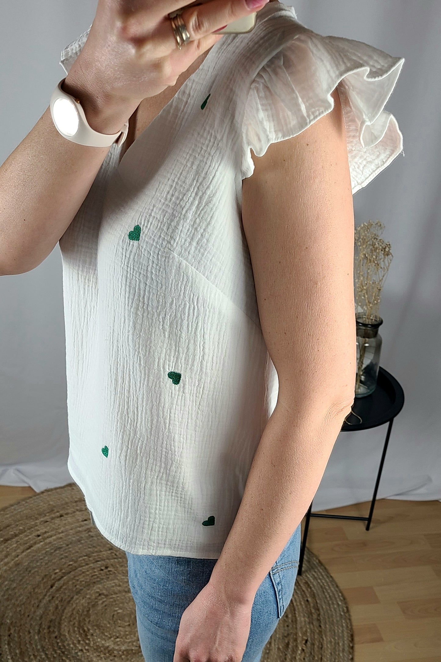 Top ALBANE en gaze de coton avec broderie cœurs