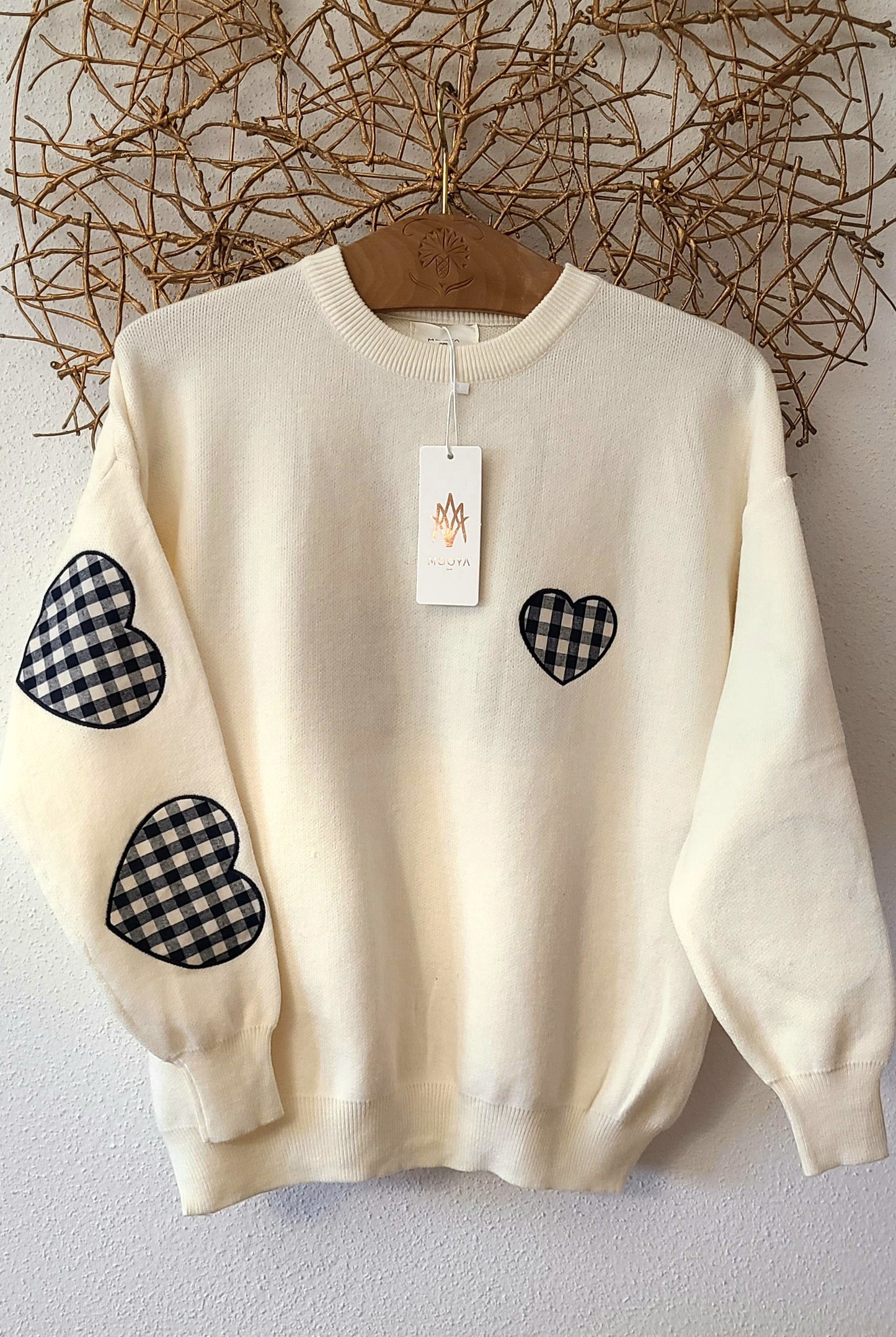 Pull en maille broderie LOVED bleu marine vichy