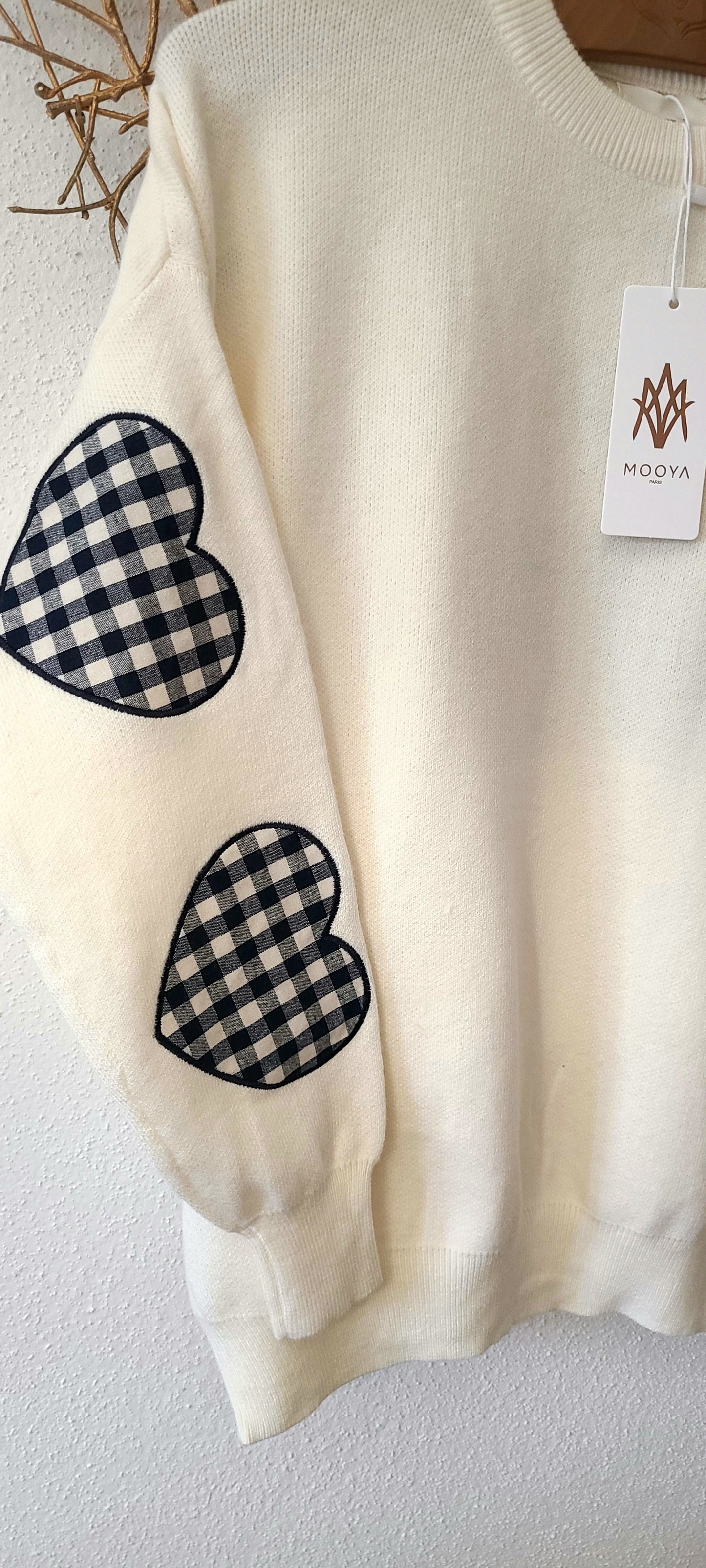 Pull en maille broderie LOVED bleu marine vichy