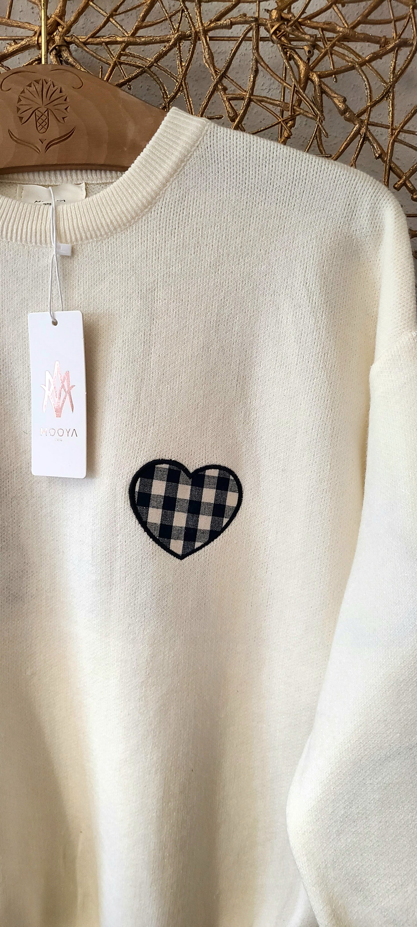 Pull en maille broderie LOVED bleu marine vichy