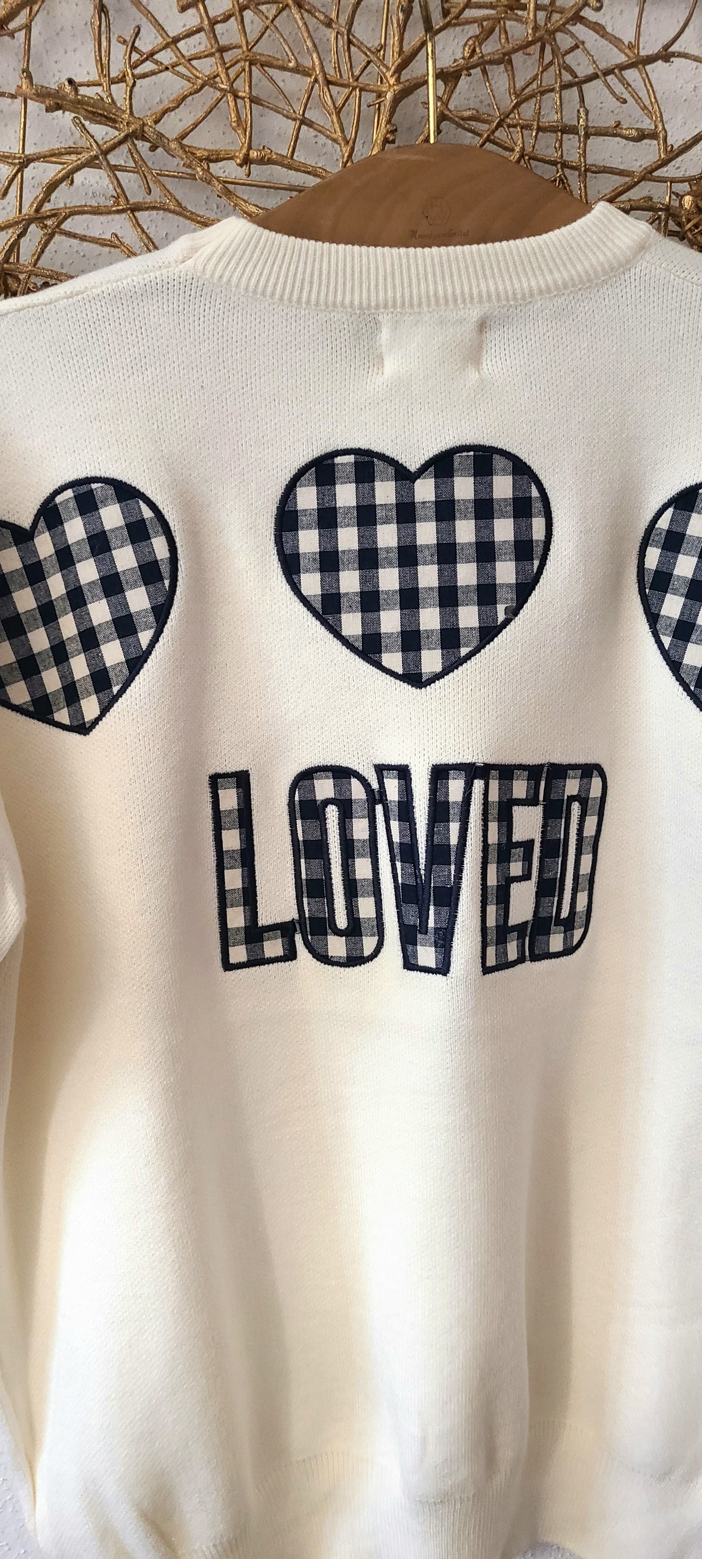 Pull en maille broderie LOVED bleu marine vichy