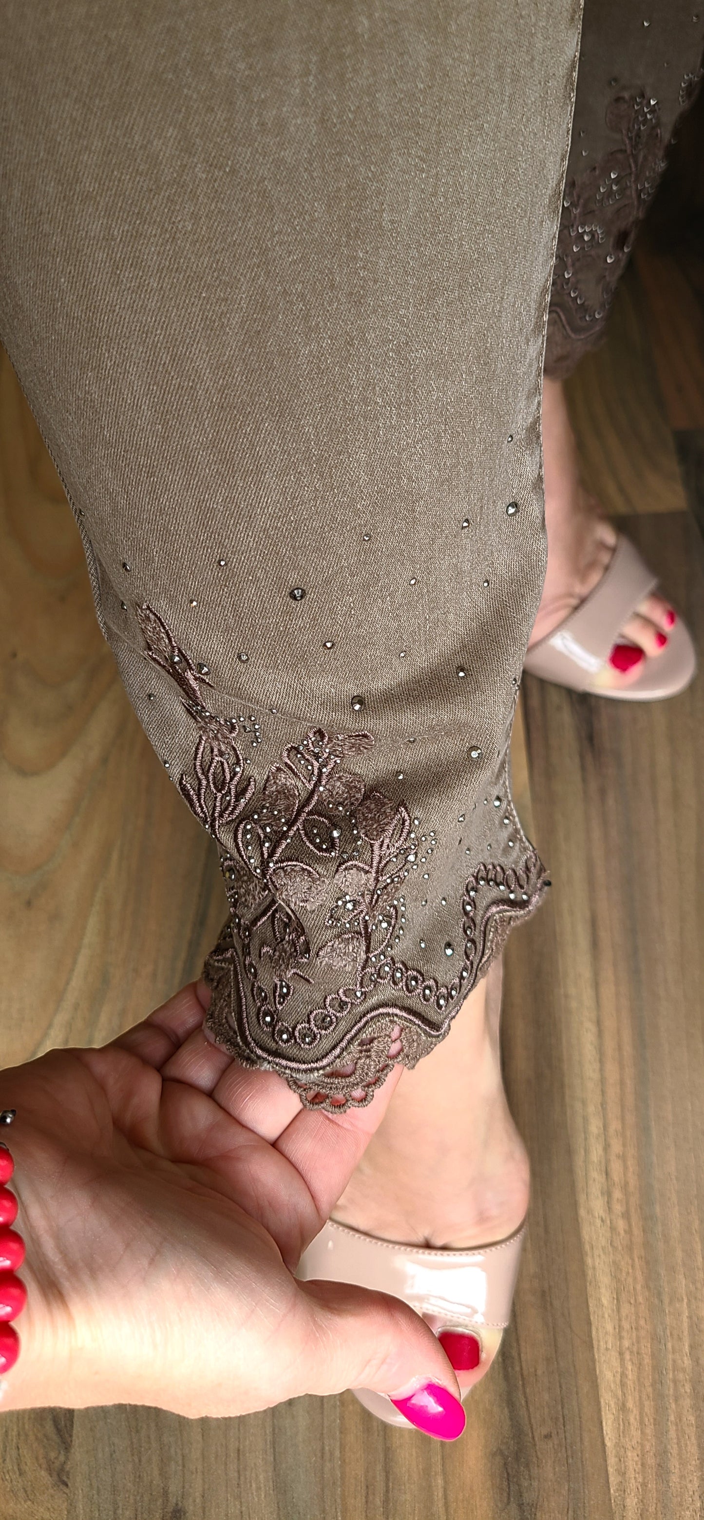 Jeans ROXO Brodé à strass, Taupe