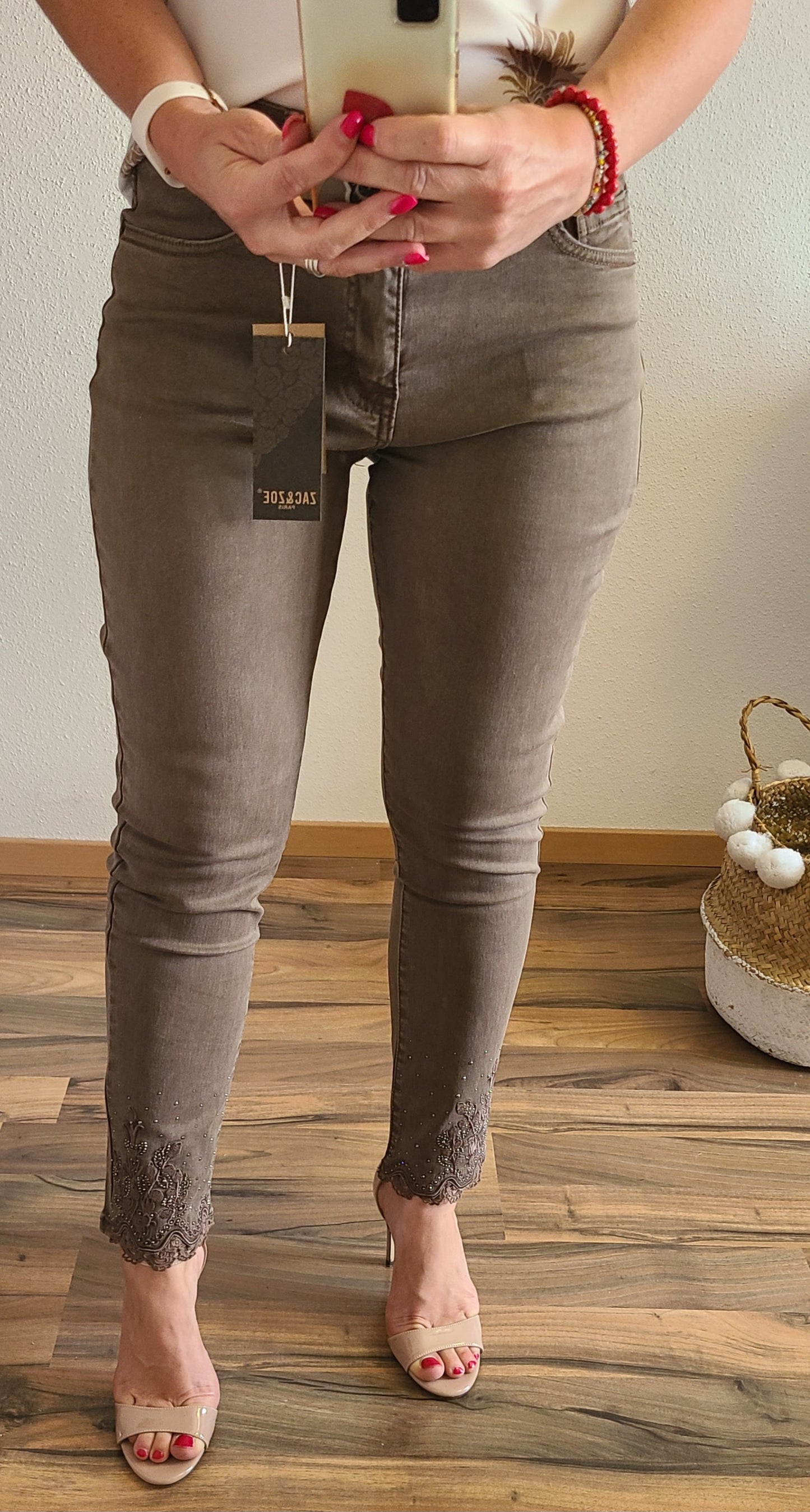 Jeans ROXO Brodé à strass, Taupe