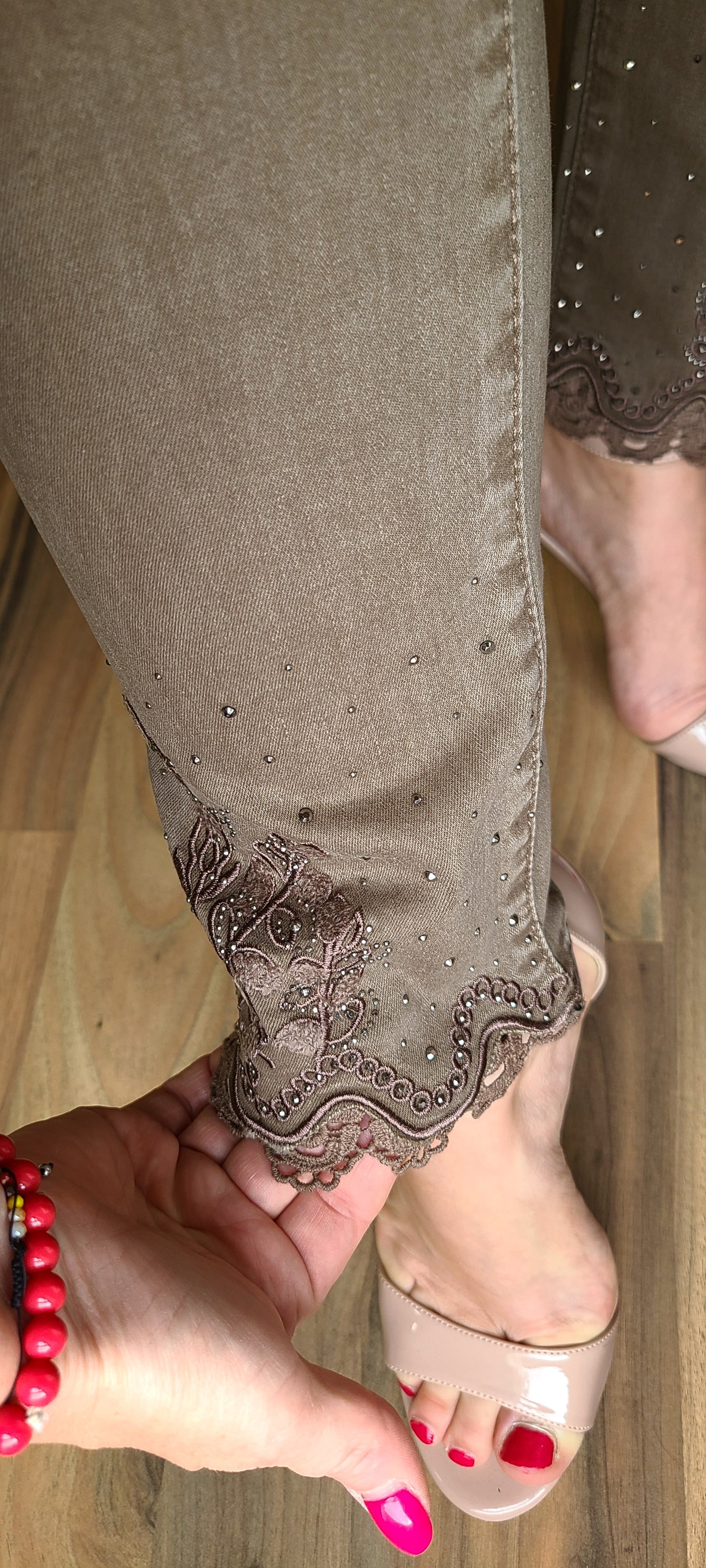 Jeans ROXO Brodé à strass, Taupe