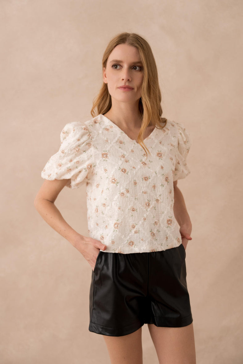 Top IRIS floral à sequins