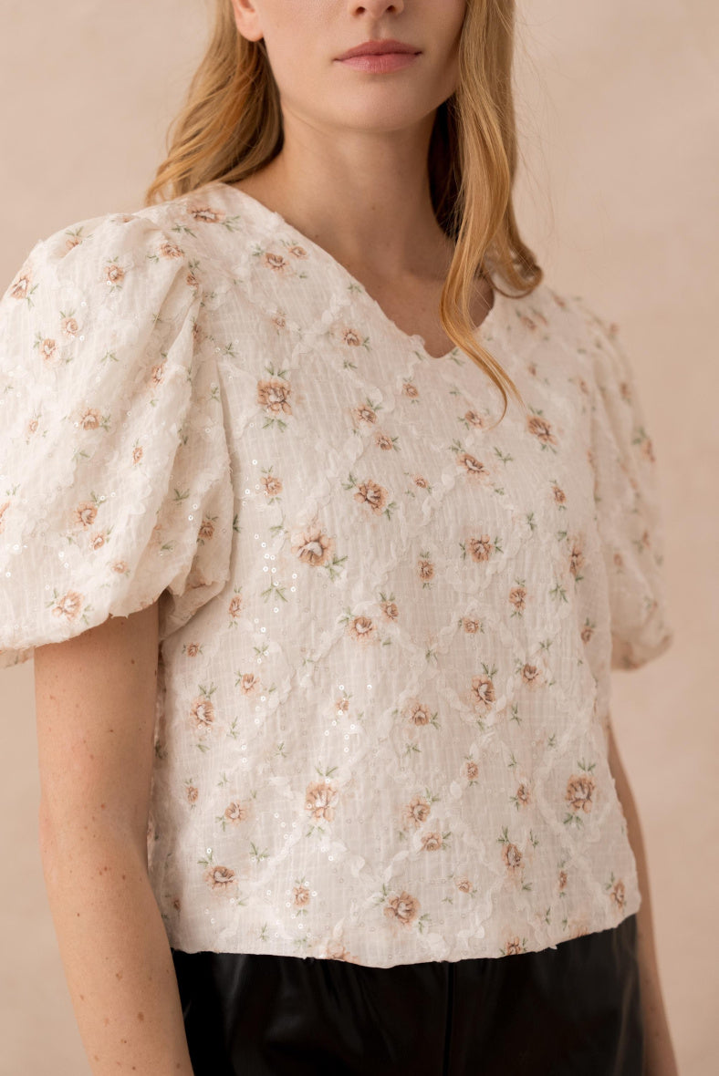 Top IRIS floral à sequins