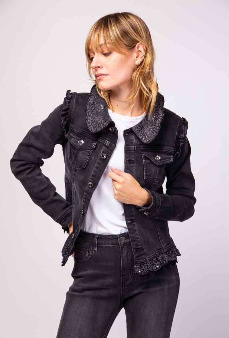 Veste en jean CLAUDINE col brodé