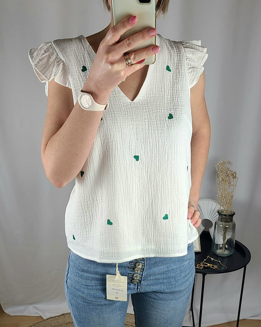 Top ALBANE en gaze de coton avec broderie cœurs