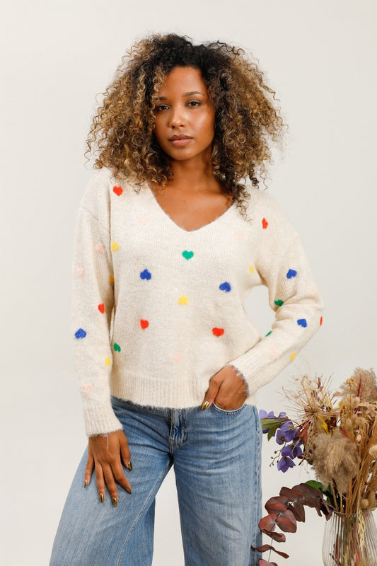Pull COLORED à col en V avec motif cœur