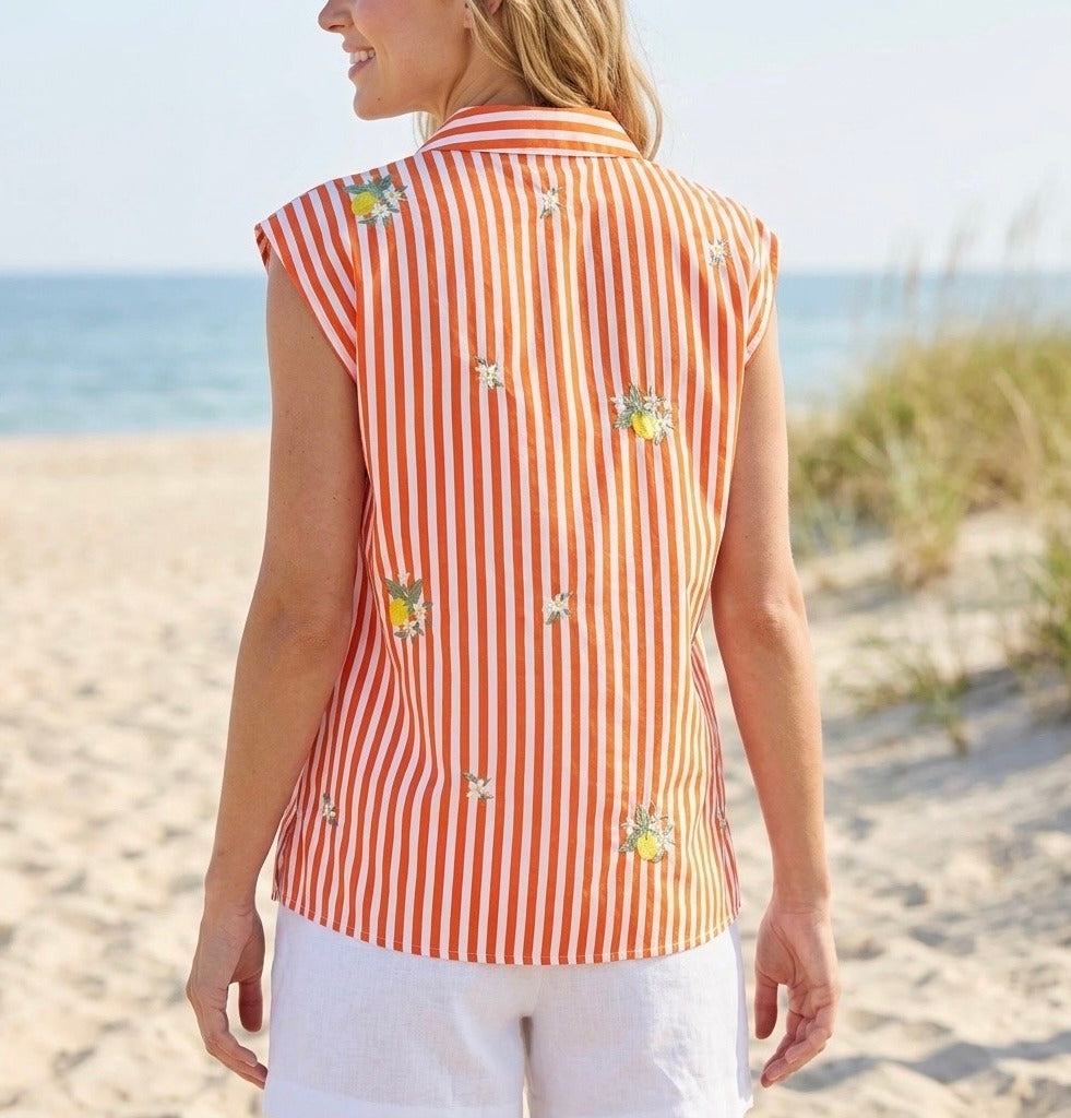 Top sans manches à rayures & broderies citrons – Fraîcheur estivale – LEMON
