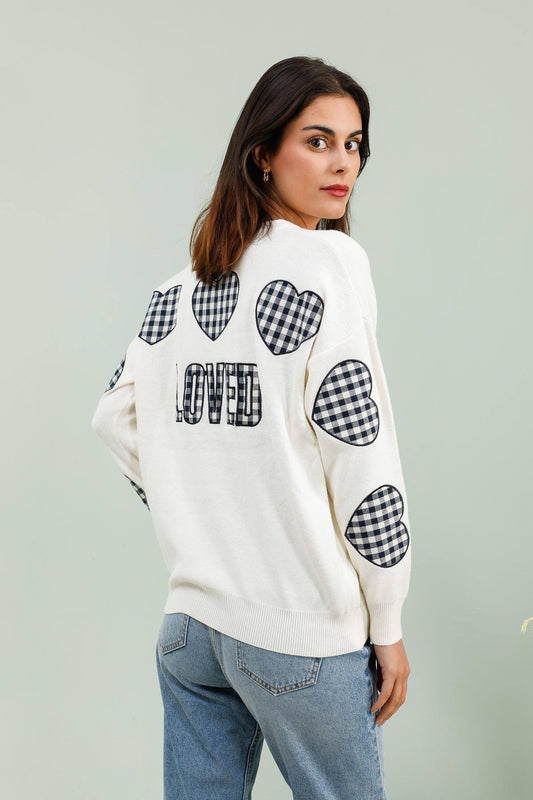 Pull en maille broderie LOVED bleu marine vichy