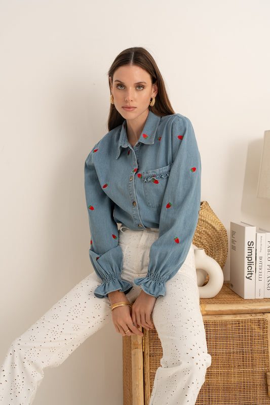 Veste-Chemise TAGADA en jeans brodé de fraises